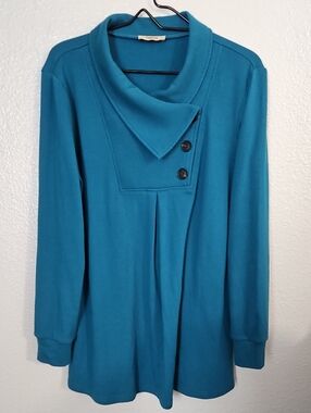 Timeson Teal Blue Cowl Neck Button Tunic Blouse Top - Size L